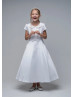 Beaded Peter Pan Collar White Satin Box Pleated Flower Girl Dress